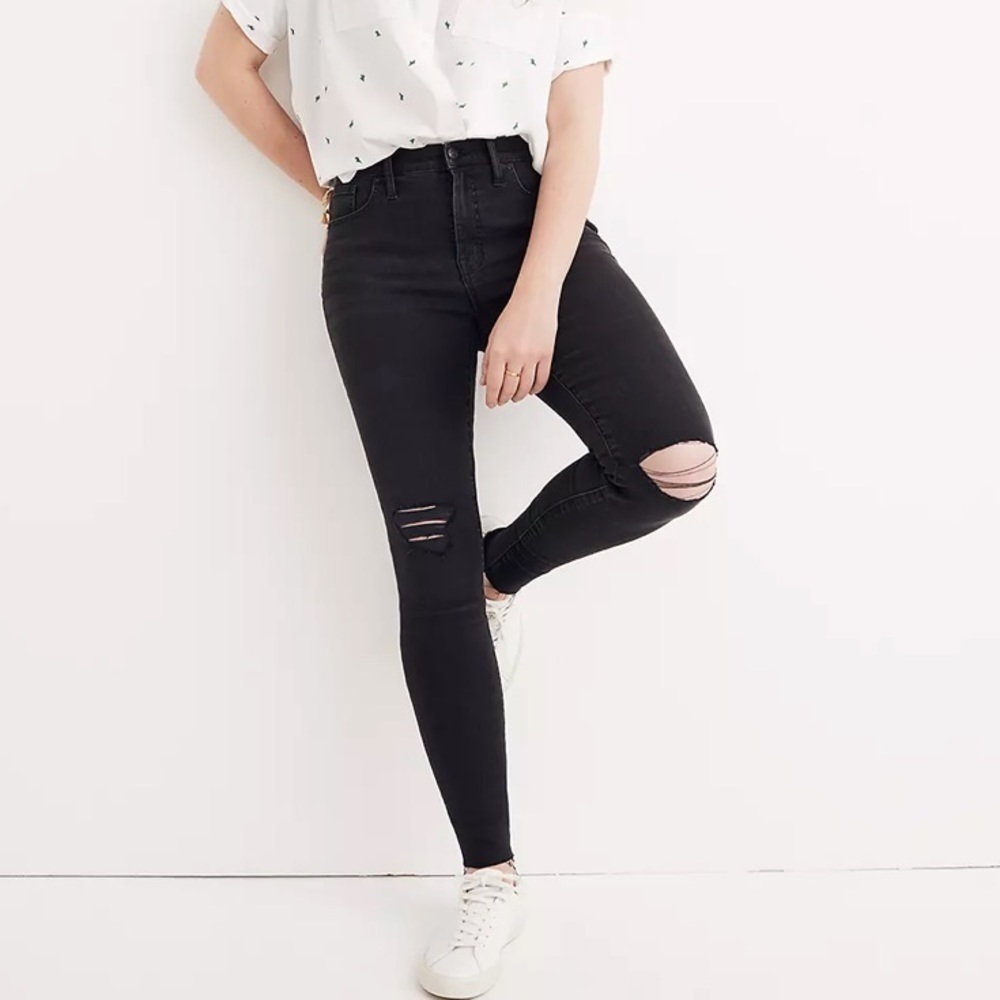 NWT Madewell 9” Mid Rise Ripped Distressed Skinny Jeans In Black Sea